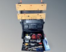 A Black and Decker workmate together with plastic tool box with lift out tray containing tools and