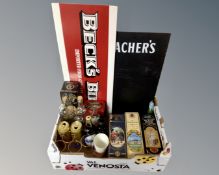 A box of brewery ephemera : drinking glasses, bottles, cans, four Scotch whiskey tins,