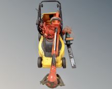 A Flymo powertrim 500 XT trimmer with lead together with JCB electric lawnmower with grassbox and