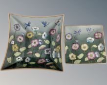 A contemporary porcelain shaped dish on stand depicting Dragonflies and flowers