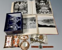 A tray of Royal Crown Derby china, two albums of mid century monochrome photographs,