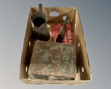 A Shell 1920s petrol can together with railway flare lamp, metal jug and a railway warning sign.