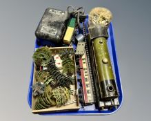 A tray containing early 20th tin plate locomotive together with further railway accessories