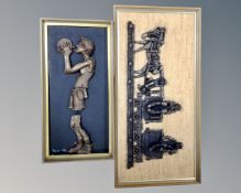 Two Robert Olley relief plaques depicting miners, in frames.