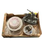 A spelter figure of a person on horseback, plates, china etc.