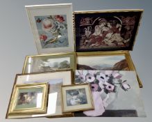 An unframed oil on canvas depicting a vase of flowers together with six further framed prints.