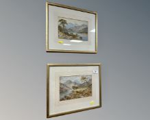 John Wilson Hepple (1886 - 1939) : A Thatched Cottage by a Lake with Mountains Beyond, watercolour,