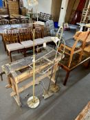 A 20th century chrome metal coat rack wall shelf together with three floor lamps.
