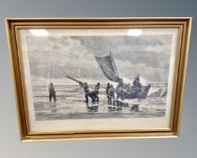 A 19th century monochrome engraving, Ved Skagens Strand, 70cm by 44cm.
