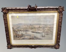 A 19th century topographical hand coloured etching of Newcastle upon Tyne in the reign of Queen