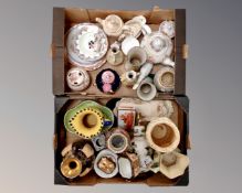 Two boxes of antique and later ceramics to include china dolly tops, transfer printed vases,