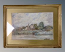 20th century cchool : Figures working by a farmhouse, watercolour, initialled S.A.M.