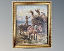 Ralph Hedley (1848 - 1913) : Building a Haystack, oil on panel, 41 cm x 33cm,