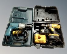 A Makita 110v impact drill together with DeWalt 18v electric drill with battery and charger,