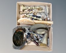 Two boxes of antique and later miscellany to include brass and copper plaque,