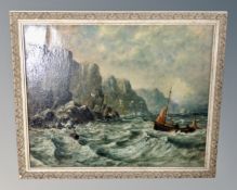 G Swainson (Late 19th century) : Fishing boat in choppy waters, oil on canvas, 49cm by 39cm.