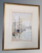 John M. Henry (20th century) : Fishing boats moored in a harbour, watercolour, 34cm by 23cm.