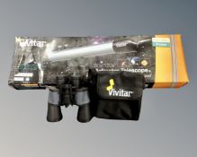 A Vivitar 60x/120x refractor telescope with tripod together with a pair of Vivitar 8x50 field