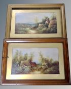 20th century school : Rural path running past thatched cottages, oil painting, 45cm by 25cm, a pair.
