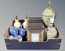 A box containing Ringtons bowl and caddies, photo frames,