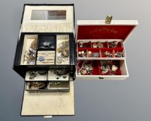 Two jewellery caskets containing costume jewellery, brooches, earrings,