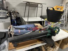 Assorted tools to include garden vacuum, steam cleaner, rake,