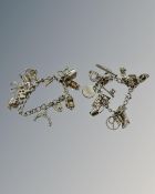Two silver charm bracelets, 99g.