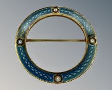 A 15ct gold pearl and enamel brooch, diameter 3cm.