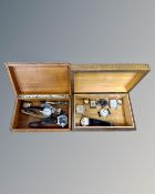 Two wooden trinket boxes containing watches, rolled gold watch, Smiths delux watch etc.