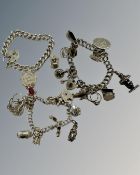Three silver charm bracelets, 115g.
