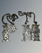 Two silver decanter labels for port and madeira.