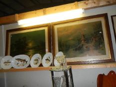 A pair of large oak framed prints. (Collect only)
