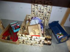 A box of vintage Meccano, wooden dolls crib, quantity of soft toys etc