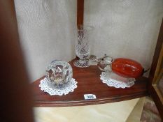 A large glass paperweight, a glass hippo and a cut glass vase.