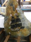 A large painting of a sailing ship on slate, COLLECT ONLY.