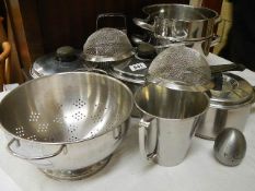 A mixed lot of stainless steel pans, colander etc., COLLECT ONLY.