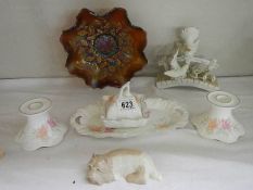 A carnival glass dish, ceramic candlesticks, tray and other ceramic items. COLLECT ONLY.