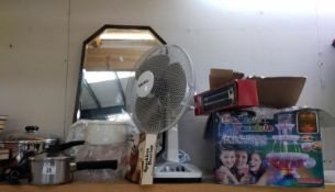 A quantity of miscellaneous items including saucepans, fan & mirror etc.