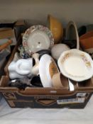 A box of china including mixing bowl & flower pot etc.
