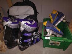A pair of vintage roller skate boots and pair of ski boots
