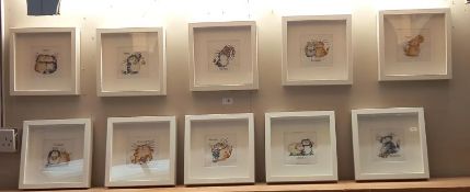 A set of 10 framed & glazed star sign needlework pictures featuring cats