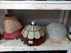 A leaded glass lampshade and 1 other and 2 vintage fabric shades