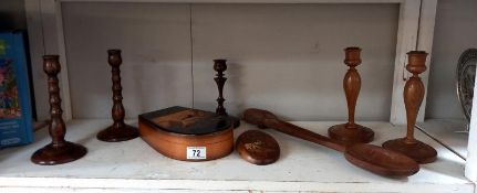A quantity of wooden items including candlesticks, inlaid elephant plaque carved box etc