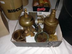 A quantity of interesting old brassware including door knobs, lock with key etc