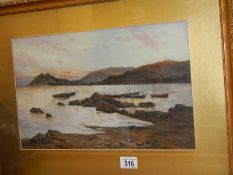 A gilt framed painting of boats. Collect Only.