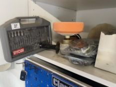 A shelf of chainsaw blades, 240V polisher and drill set. Collect Only.