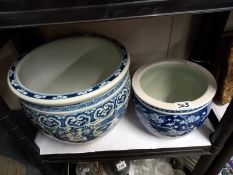 Two old blue and white jardinier's, one a/f.