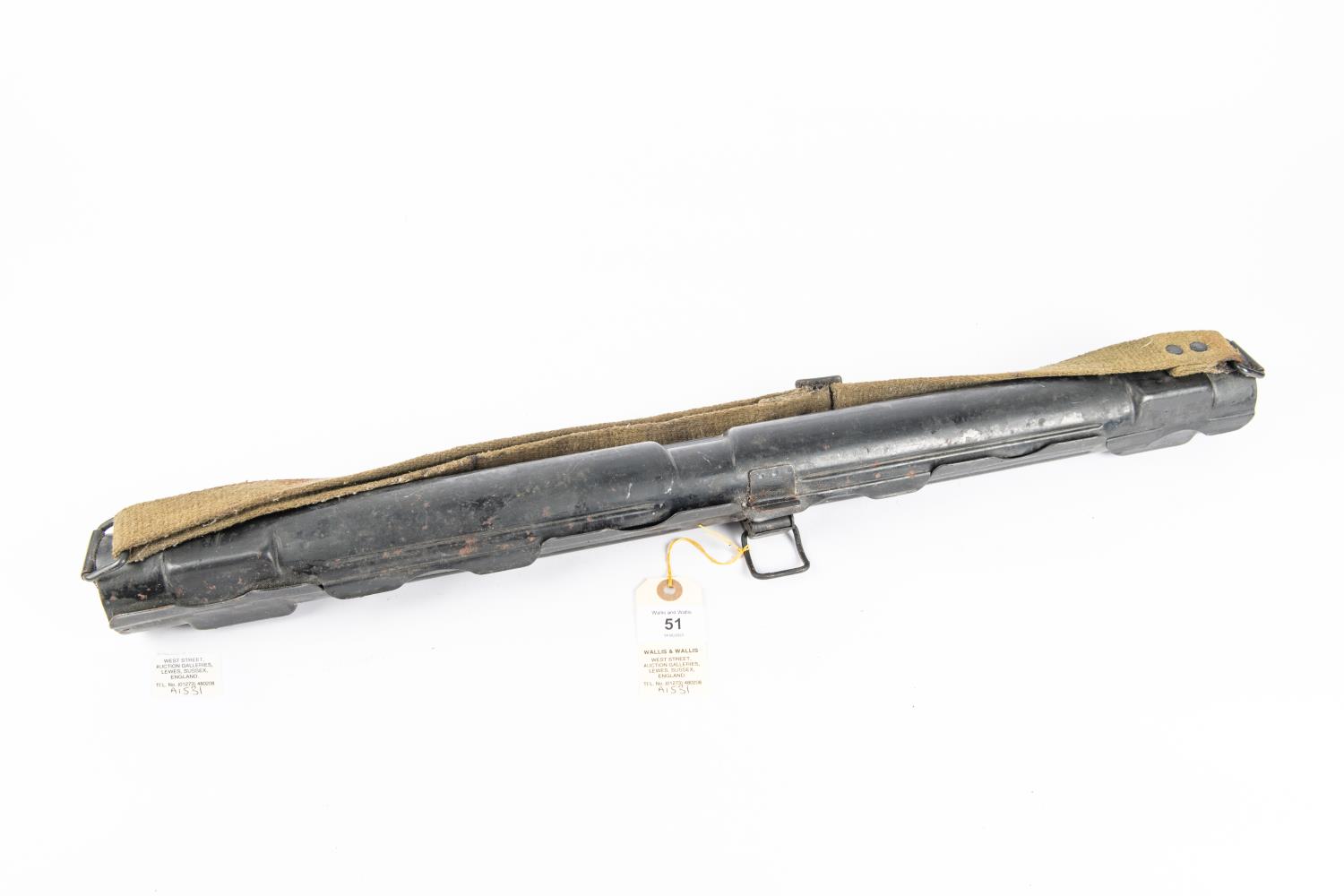 A Third Reich machine gun spare barrel case, complete with sling, marked on end "Lauf Schutze 43"