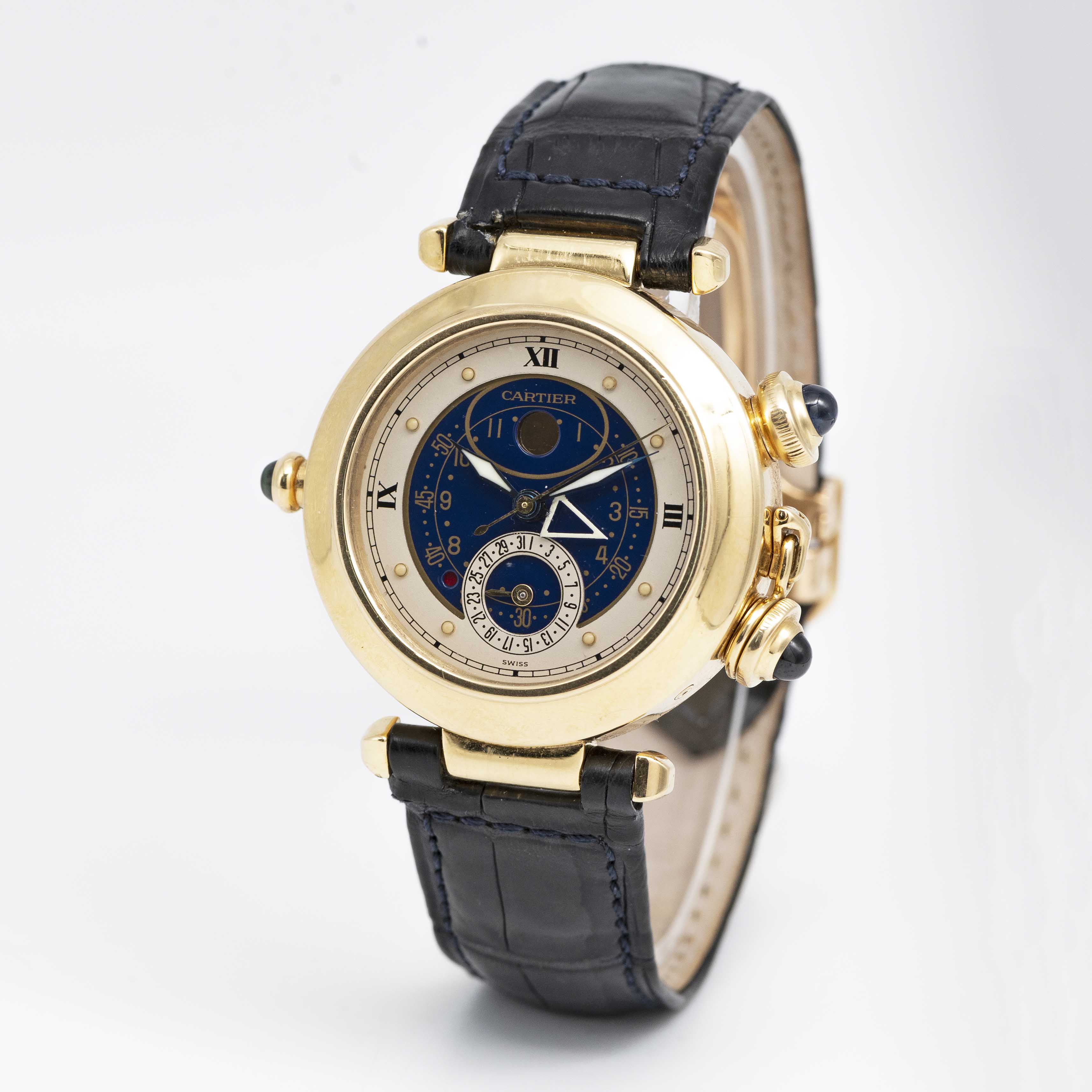A RARE GENTLEMAN'S SIZE 18K SOLID GOLD CARTIER PASHA MOONPHASE CALENDAR ALARM WRIST WATCH CIRCA - Image 3 of 9