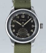 A GENTLEMAN'S STAINLESS STEEL BRITISH MILITARY CYMA W.W.W. WRIST WATCH CIRCA 1945, PART OF THE 